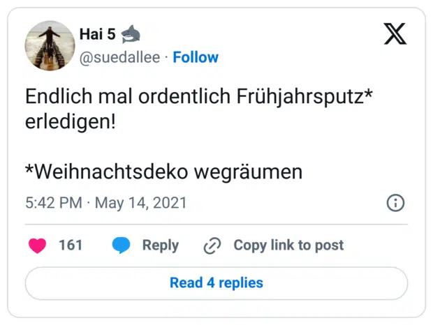 Endlich mal ordentlich Frühjahrsputz* erledigen!

*Weihnachtsdeko wegräumen