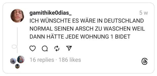 ICH WÜNSCHTE ES WÄRE IN DEUTSCHLAND NORMAL SEINEN ARSCH ZU WASCHEN WEIL DANN HÄTTE JEDE WOHNUNG 1 BIDET
