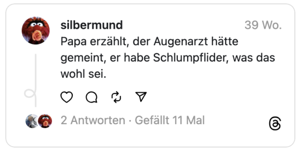 Papa erzählt, der Augenarzt hätte gemeint, er habe Schlumpflider, was das wohl sei.
