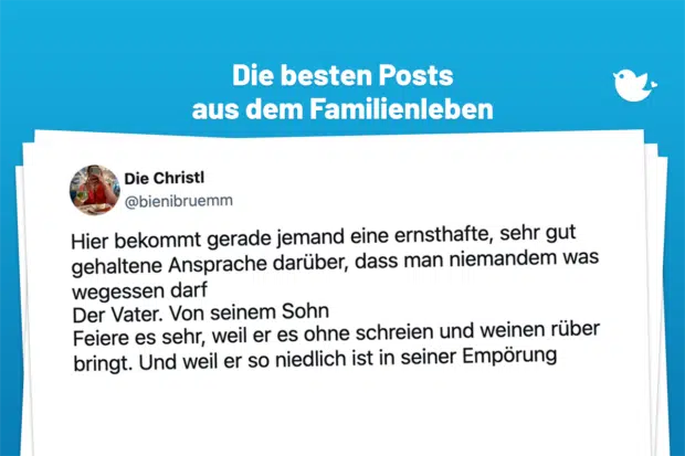 Hier bekommt gerade jemand eine ernsthafte, sehr gut gehaltene Ansprache darüber, dass man niemandem was wegessen darf Der Vater. Von seinem Sohn Feiere es sehr, weil er es ohne schreien und weinen rüber bringt. Und weil er so niedlich ist in seiner Empörung