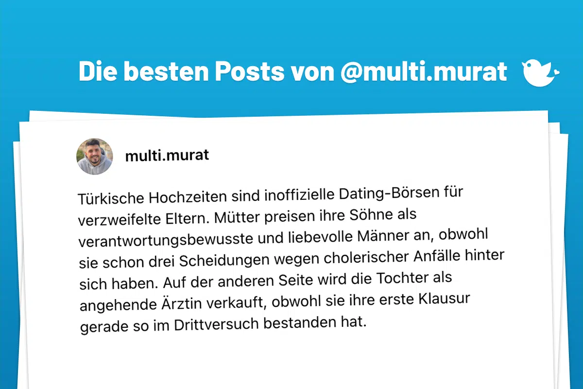 Türkische Hochzeiten sind inoffizielle Dating-Börsen für verzweifelte Eltern. Mütter preisen ihre Söhne als verantwortungsbewusste und liebevolle Männer an, obwohl sie schon drei Scheidungen wegen cholerischer Anfälle hinter sich haben. Auf der anderen Seite wird die Tochter als angehende Ärztin verkauft, obwohl sie ihre erste Klausur gerade so im Drittversuch bestanden hat.