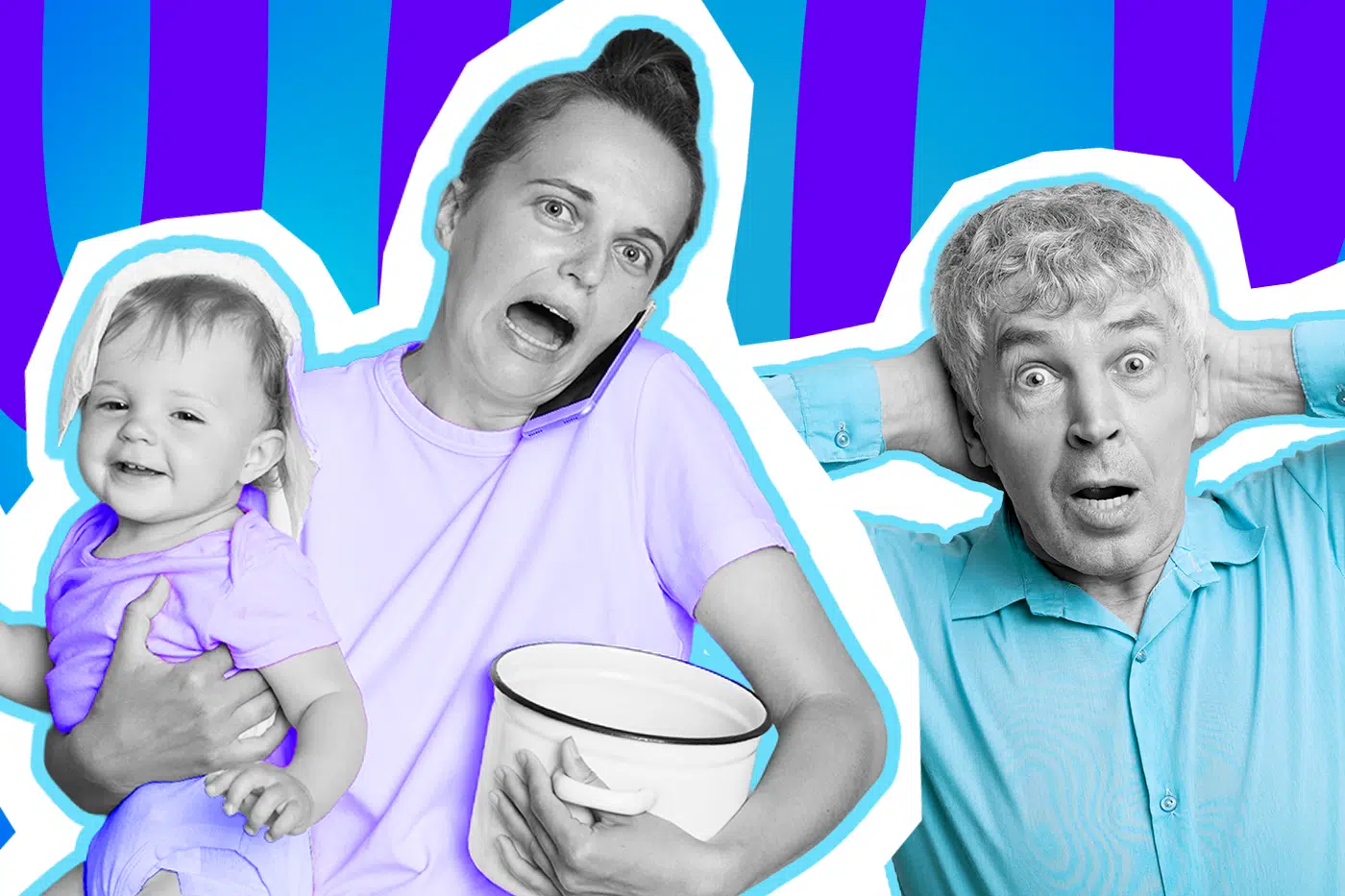 Humorvolle Collage zum Thema Familienwahnsinn und Schwiegereltern: Auf der linken Seite steht eine völlig gestresste Frau in Schwarz-Weiß, die mit aufgerissenem Mund telefoniert, indem sie sich das Smartphone zwischen Schulter und Ohr klemmt. In der einen Hand balanciert sie einen weißen Kochtopf, auf dem anderen Arm trägt sie ein fröhlich lächelndes Baby. Beide tragen farblich stark hervortretende, leuchtend fliederfarbene Oberteile. Auf der rechten Seite steht ein älterer Herr in Schwarz-Weiß, der in einem knallig türkisfarbenen Hemd die Hände fassungslos hinter dem Kopf verschränkt und schockiert in die Kamera blickt. Das Pop-Art-Motiv vor einem markanten blau-violetten Wellen-Hintergrund visualisiert pointiert den absoluten Überlebenskampf im elterlichen Alltag, den Stress bei unangekündigtem Familienbesuch und das klassische Chaos, wenn die Schwiegereltern vor der Tür stehen.