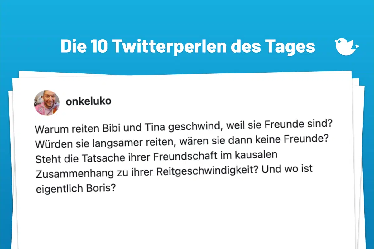Die Twitterperlen des Tages vom 3. April 2025: Warum reiten Bibi und Tina geschwind, weil sie Freunde sind? Würden sie langsamer reiten, wären sie dann keine Freunde? Steht die Tatsache ihrer Freundschaft im kausalen Zusammenhang zu ihrer Reitgeschwindigkeit? Und wo ist eigentlich Boris?