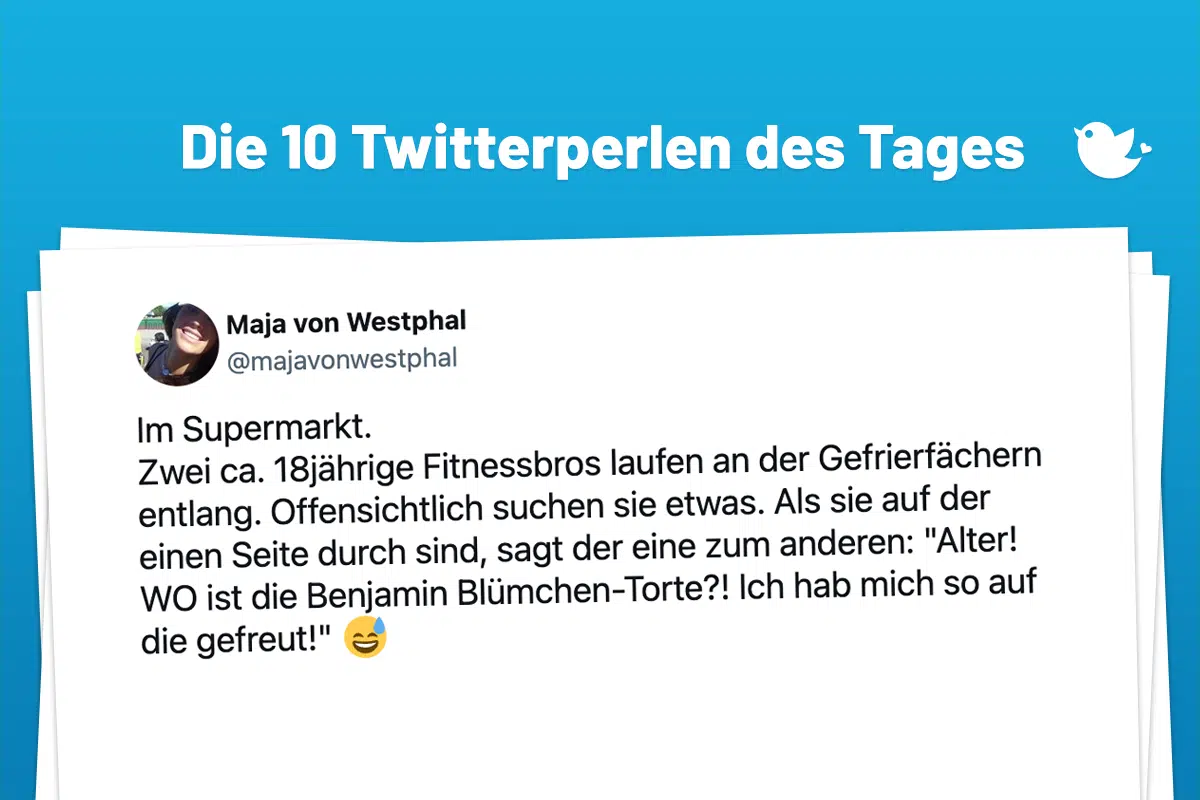 Die Twitterperlen des Tages vom 27. April 2025: Im Supermarkt. Zwei ca. 18jährige Fitnessbros laufen an der Gefrierfächern entlang. Offensichtlich suchen sie etwas. Als sie auf der einen Seite durch sind, sagt der eine zum anderen: "Alter! WO ist die Benjamin Blümchen-Torte?! Ich hab mich so auf die gefreut!" 😅
