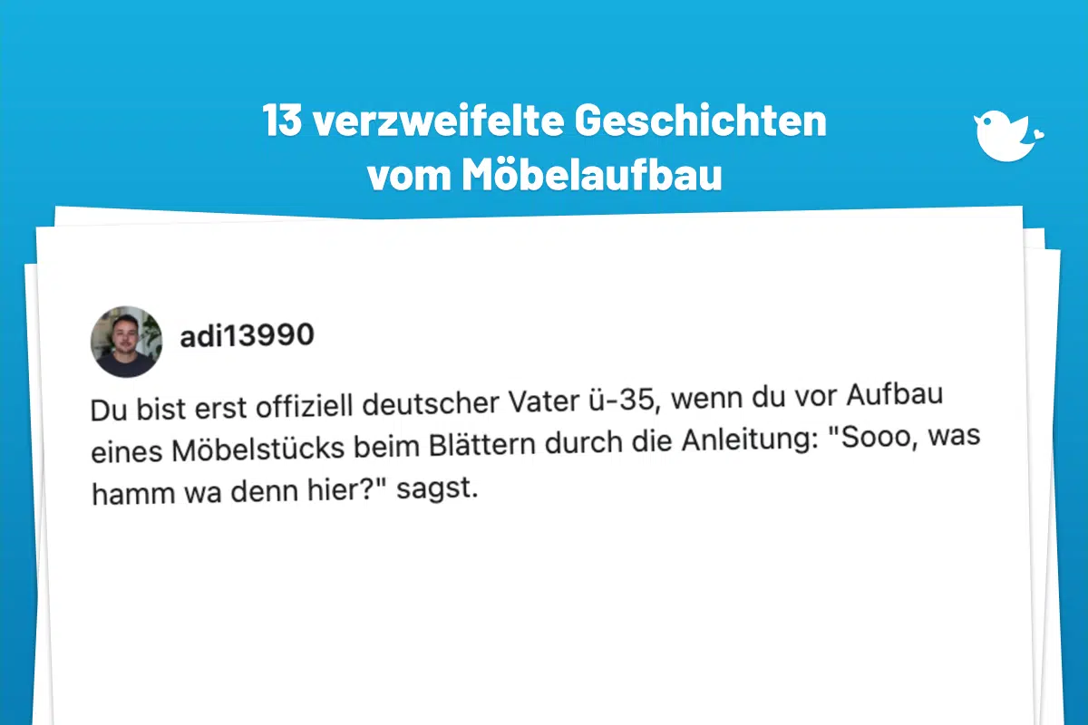 Anleitung oder Ausleitung? 13 Menschen, die beim Möbelaufbau verzweifeln: Du bist erst offiziell deutscher Vater ü-35, wenn du vor Aufbau eines Möbelstücks beim Blättern durch die Anleitung: "Sooo, was hamm wa denn hier?" sagst.