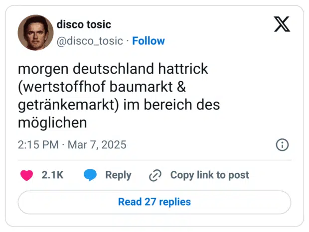 morgen deutschland hattrick (wertstoffhof baumarkt & getränkemarkt) im bereich des möglichen