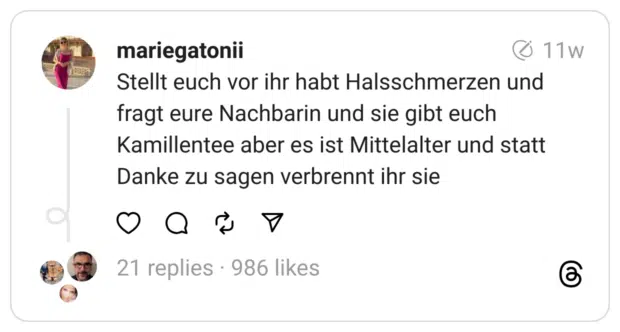 Stellt euch vor ihr habt Halsschmerzen und fragt eure Nachbarin und sie gibt euch Kamillentee aber es ist Mittelalter und statt Danke zu sagen verbrennt ihr sie
