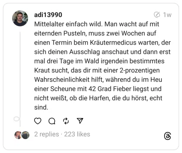 Mittelalter einfach wild. Man wacht auf mit eiternden Pusteln, muss zwei Wochen auf einen Termin beim Kräutermedicus warten, der sich deinen Ausschlag anschaut und dann erst mal drei Tage im Wald irgendein bestimmtes Kraut sucht, das dir mit einer 2-prozentigen Wahrscheinlichkeit hilft, während du im Heu einer Scheune mit 42 Grad Fieber liegst und nicht weißt, ob die Harfen, die du hörst, echt sind.

