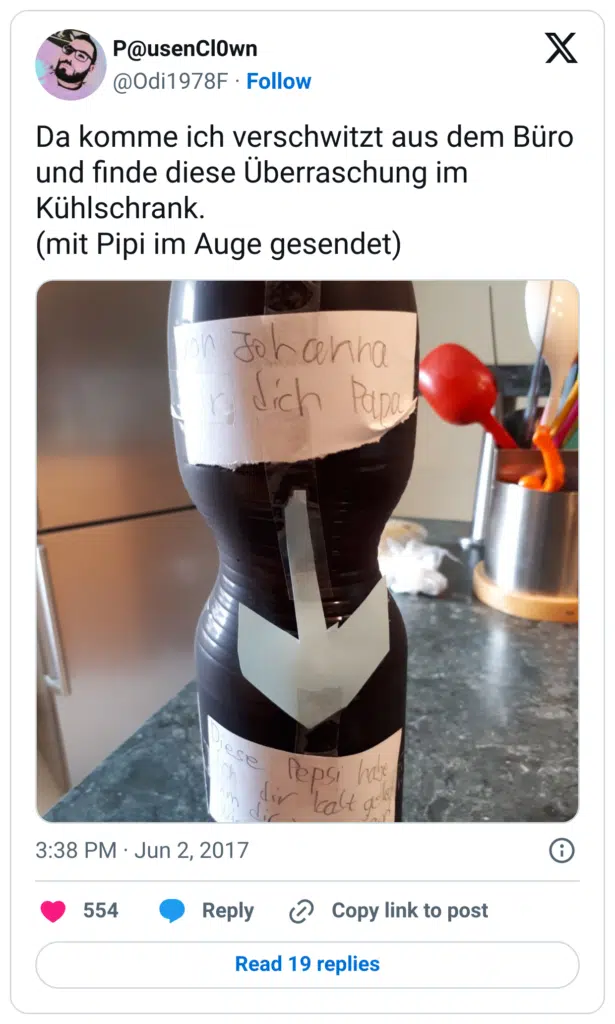 Da komme ich verschwitzt aus dem Büro und finde diese Überraschung im Kühlschrank.
(mit Pipi im Auge gesendet)