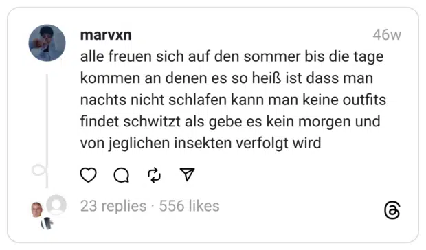 alle freuen sich auf den sommer bis die tage kommen an denen es so heiß ist dass man nachts nicht schlafen kann man keine outfits findet schwitzt als gebe es kein morgen und von jeglichen insekten verfolgt wird
