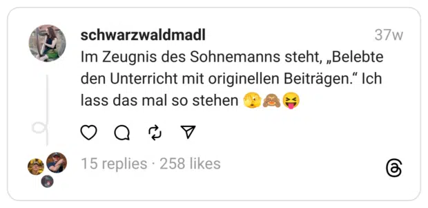 Im Zeugnis des Sohnemanns steht, „Belebte den Unterricht mit originellen Beiträgen.“ Ich lass das mal so stehen 🫣🙈😝  
