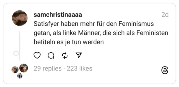 Satisfyer haben mehr für den Feminismus getan, als linke Männer, die sich als Feministen betiteln es je tun werden

