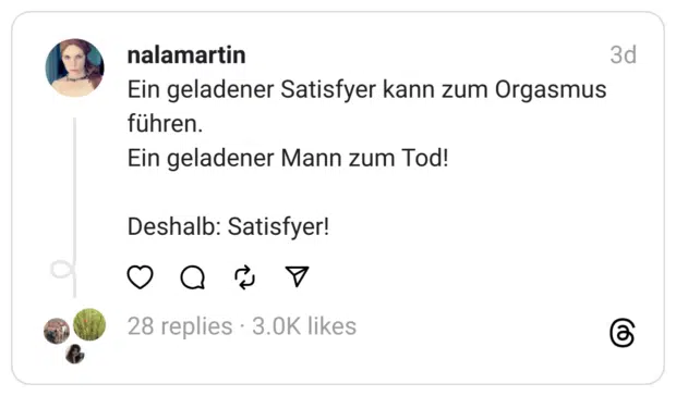 Ein geladener Satisfyer kann zum Orgasmus führen.
Ein geladener Mann zum Tod!
Deshalb: Satisfyer!