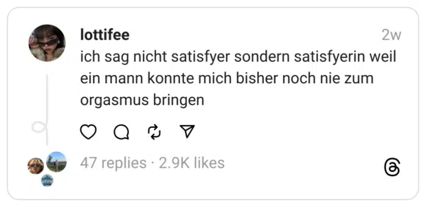 ich sag nicht satisfyer sondern satisfyerin weil ein mann konnte mich bisher noch nie zum orgasmus bringen
