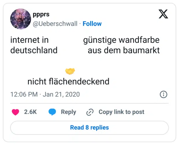 internet in                günstige wandfarbe
deutschland              aus dem baumarkt

                         🤝
        nicht flächendeckend