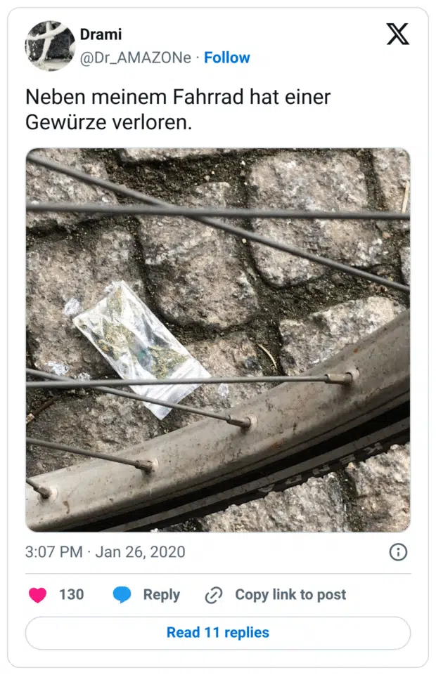 Neben meinem Fahrrad hat einer Gewürze verloren.
