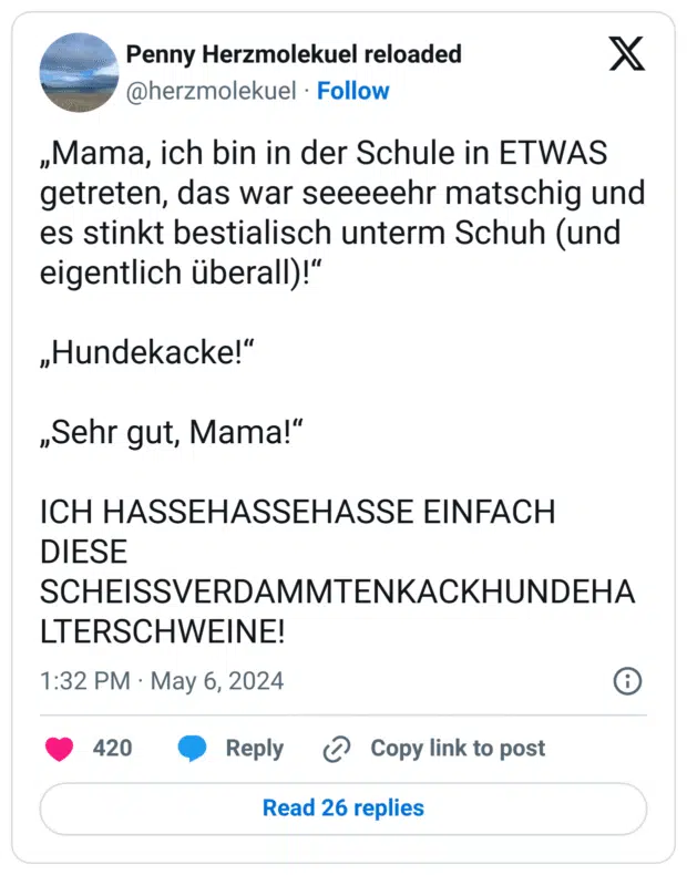 „Mama, ich bin in der Schule in ETWAS getreten, das war seeeeehr matschig und es stinkt bestialisch unterm Schuh (und eigentlich überall)!“

„Hundekacke!“

„Sehr gut, Mama!“

ICH HASSEHASSEHASSE EINFACH DIESE SCHEISSVERDAMMTENKACKHUNDEHALTERSCHWEINE!
