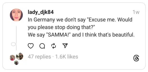 In Germany we don't say "Excuse me. Would you please stop doing that?"
We say "SAMMA!" and I think that's beautiful.
germanythreads  
