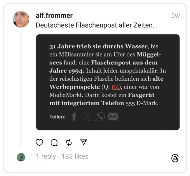 Deutscheste Flaschenpost aller Zeiten.
