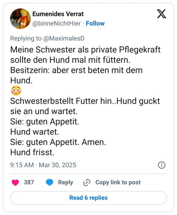Meine Schwester als private Pflegekraft sollte den Hund mal mit füttern. Besitzerin: aber erst beten mit dem Hund.
😳
Schwesterbstellt Futter hin..Hund guckt sie an und wartet.
Sie: guten Appetit.
Hund wartet.
Sie: guten Appetit. Amen.
Hund frisst.
