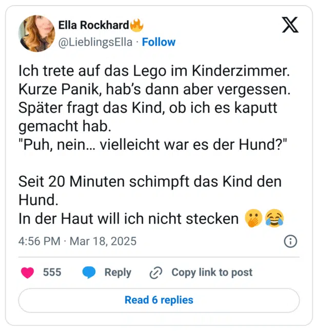 ch trete auf das Lego im Kinderzimmer. Kurze Panik, hab’s dann aber vergessen. 
Später fragt das Kind, ob ich es kaputt gemacht hab.
"Puh, nein… vielleicht war es der Hund?"

Seit 20 Minuten schimpft das Kind den Hund. 
In der Haut will ich nicht stecken 🫢😂