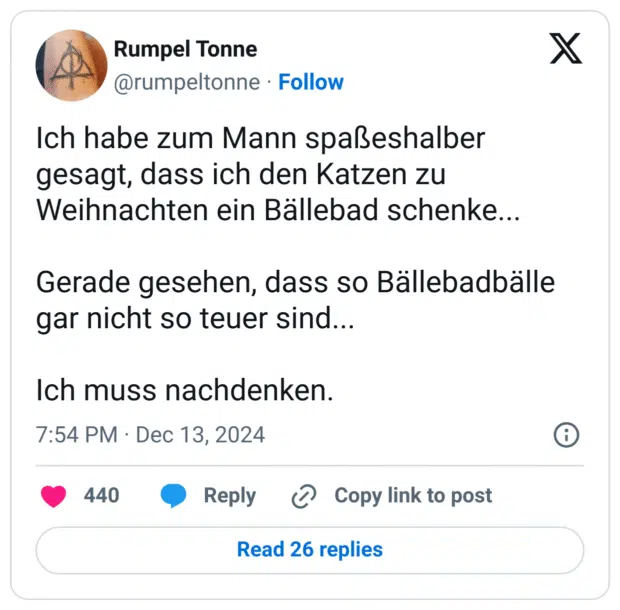 Ich habe zum Mann spaßeshalber gesagt, dass ich den Katzen zu Weihnachten ein Bällebad schenke...

Gerade gesehen, dass so Bällebadbälle gar nicht so teuer sind...

Ich muss nachdenken.