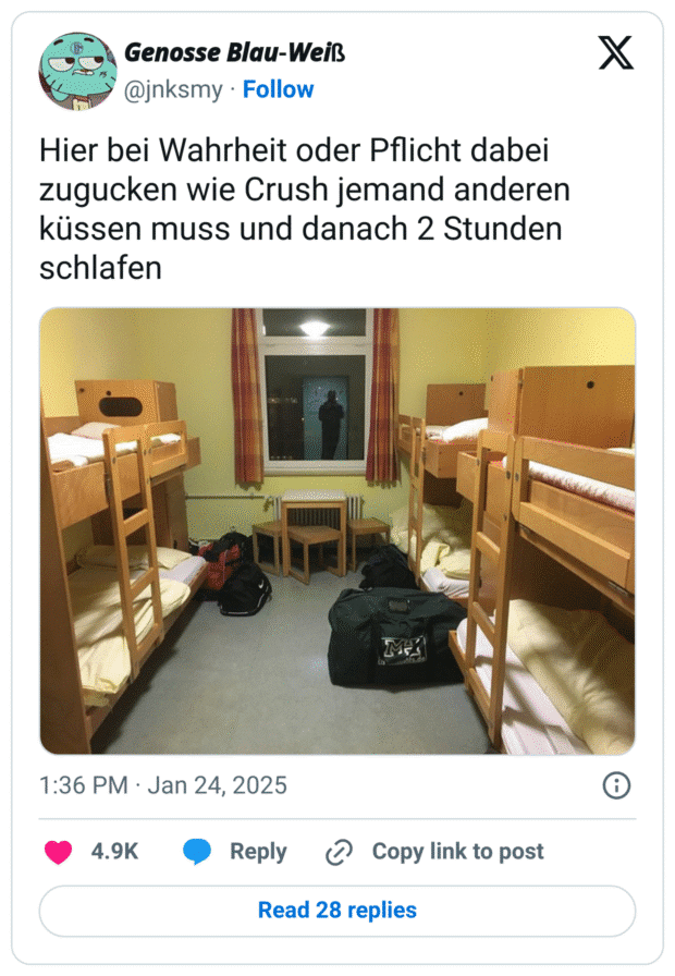 Hier bei Wahrheit oder Pflicht dabei zugucken wie Crush jemand anderen küssen muss und danach 2 Stunden schlafen
