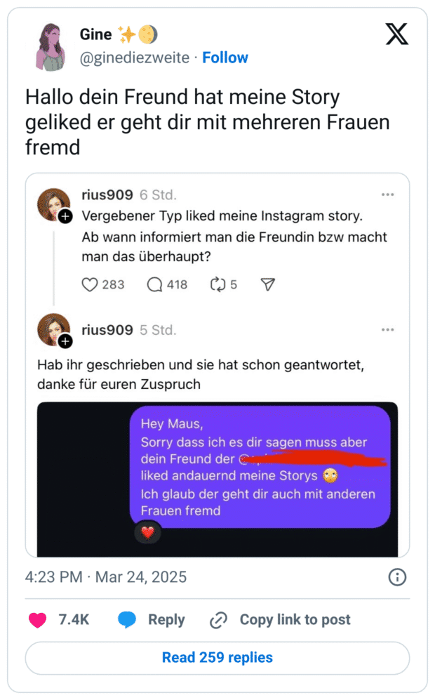 Hallo dein Freund hat meine Story geliked er geht dir mit mehreren Frauen fremd
