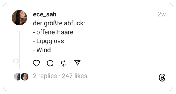 der größte abfuck:
- offene Haare
- Lipggloss
- Wind