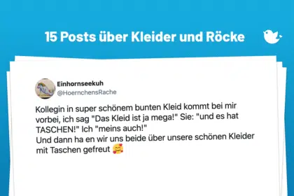 Kollegin in super schönem bunten Kleid kommt bei mir vorbei, ich sag "Das Kleid ist ja mega!" Sie: "und es hat TASCHEN!" Ich "meins auch!" Und dann ha en wir uns beide über unsere schönen Kleider mit Taschen gefreut 🥰