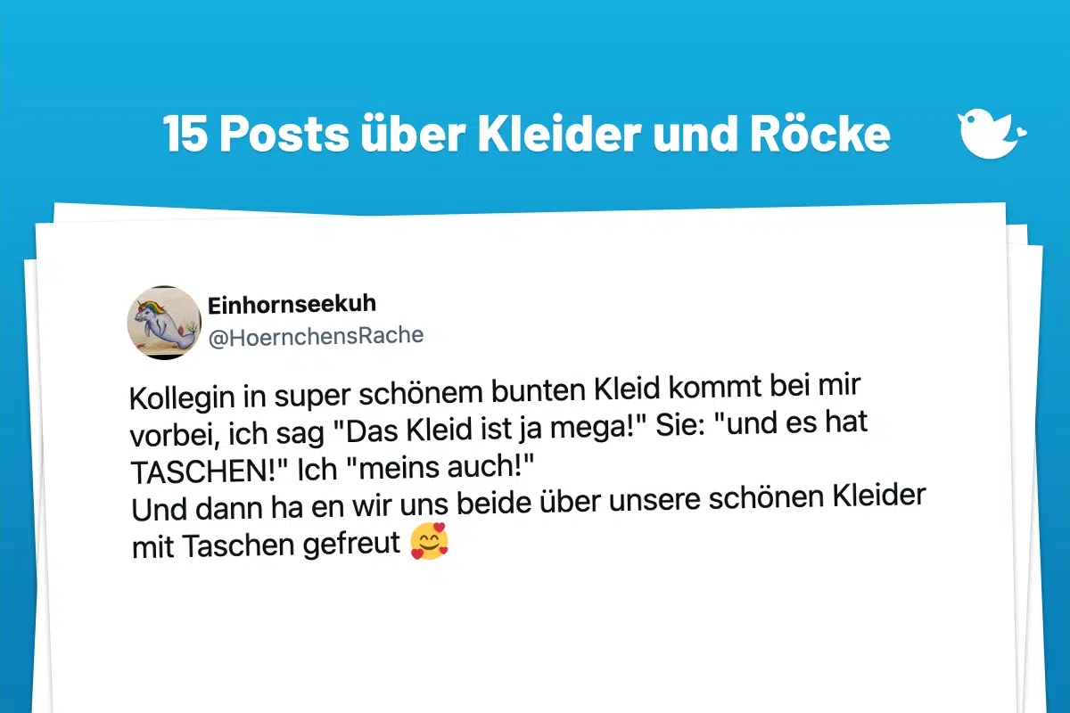 Kollegin in super schönem bunten Kleid kommt bei mir vorbei, ich sag "Das Kleid ist ja mega!" Sie: "und es hat TASCHEN!" Ich "meins auch!" Und dann ha en wir uns beide über unsere schönen Kleider mit Taschen gefreut 🥰