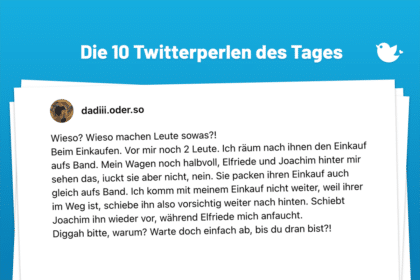 Wieso? Wieso machen Leute sowas?! Beim Einkaufen. Vor mir noch 2 Leute. Ich räum nach ihnen den Einkauf aufs Band. Mein Wagen noch halbvoll, Elfriede und Joachim hinter mir sehen das, iuckt sie aber nicht, nein. Sie packen ihren Einkauf auch gleich aufs Band. Ich komm mit meinem Einkauf nicht weiter, weil ihrer im Weg ist, schiebe ihn also vorsichtig weiter nach hinten. Schiebt Joachim ihn wieder vor, während Elfriede mich anfaucht. Diggah bitte, warum? Warte doch einfach ab, bis du dran bist?!