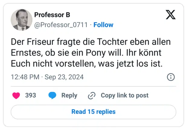 Der Friseur fragte die Tochter eben allen Ernstes, ob sie ein Pony will. Ihr könnt Euch nicht vorstellen, was jetzt los ist.