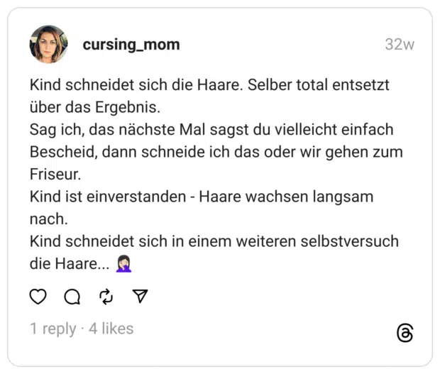 Kind schneidet sich die Haare. Selber total entsetzt über das Ergebnis.
Sag ich, das nächste Mal sagst du vielleicht einfach Bescheid, dann schneide ich das oder wir gehen zum Friseur.
Kind ist einverstanden - Haare wachsen langsam nach.
Kind schneidet sich in einem weiteren selbstversuch die Haare... 🤦🏻‍♀️