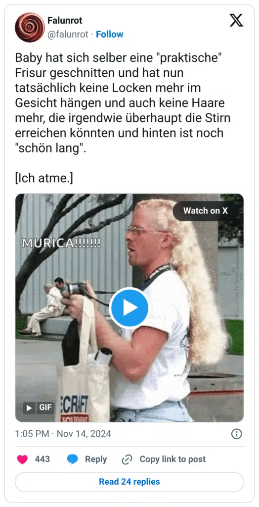 Baby hat sich selber eine "praktische" Frisur geschnitten und hat nun tatsächlich keine Locken mehr im Gesicht hängen und auch keine Haare mehr, die irgendwie überhaupt die Stirn erreichen könnten und hinten ist noch "schön lang".
[Ich atme.]