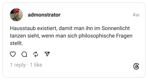 Hausstaub existiert, damit man ihn im Sonnenlicht tanzen sieht, wenn man sich philosophische Fragen stellt.  
