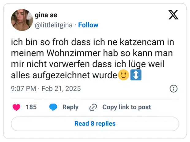 ich bin so froh dass ich ne katzencam in meinem Wohnzimmer hab so kann man mir nicht vorwerfen dass ich lüge weil alles aufgezeichnet wurde:leichtes_lächeln:‍:pfeil_aufwärts_abwärts: