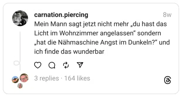 Mein Mann sagt jetzt nicht mehr „du hast das Licht im Wohnzimmer angelassen“ sondern „hat die Nähmaschine Angst im Dunkeln?“ und ich finde das wunderbar