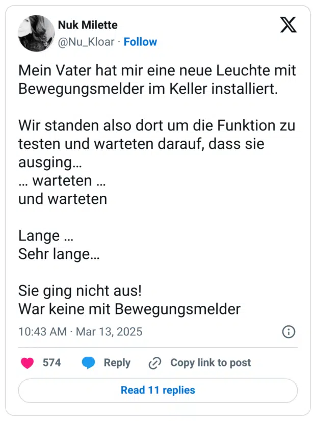 Mein Vater hat mir eine neue Leuchte mit Bewegungsmelder im Keller installiert.
Wir standen also dort um die Funktion zu testen und warteten darauf, dass sie ausging…
… warteten …
und warteten
Lange …
Sehr lange…
Sie ging nicht aus!
War keine mit Bewegungsmelder