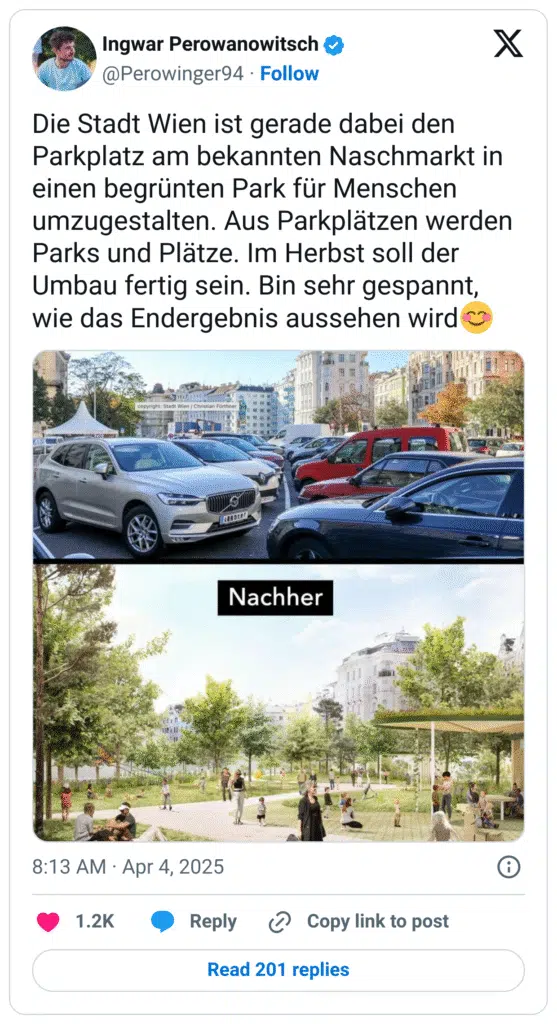 Die Stadt Wien ist gerade dabei den Parkplatz am bekannten Naschmarkt in einen begrünten Park für Menschen umzugestalten. Aus Parkplätzen werden Parks und Plätze. Im Herbst soll der Umbau fertig sein. Bin sehr gespannt, wie das Endergebnis aussehen wird:erröten: