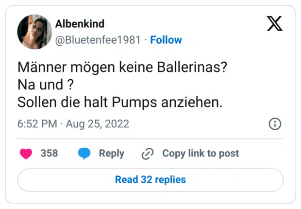 Männer mögen keine Ballerinas? 
Na und ?
Sollen die halt Pumps anziehen.
