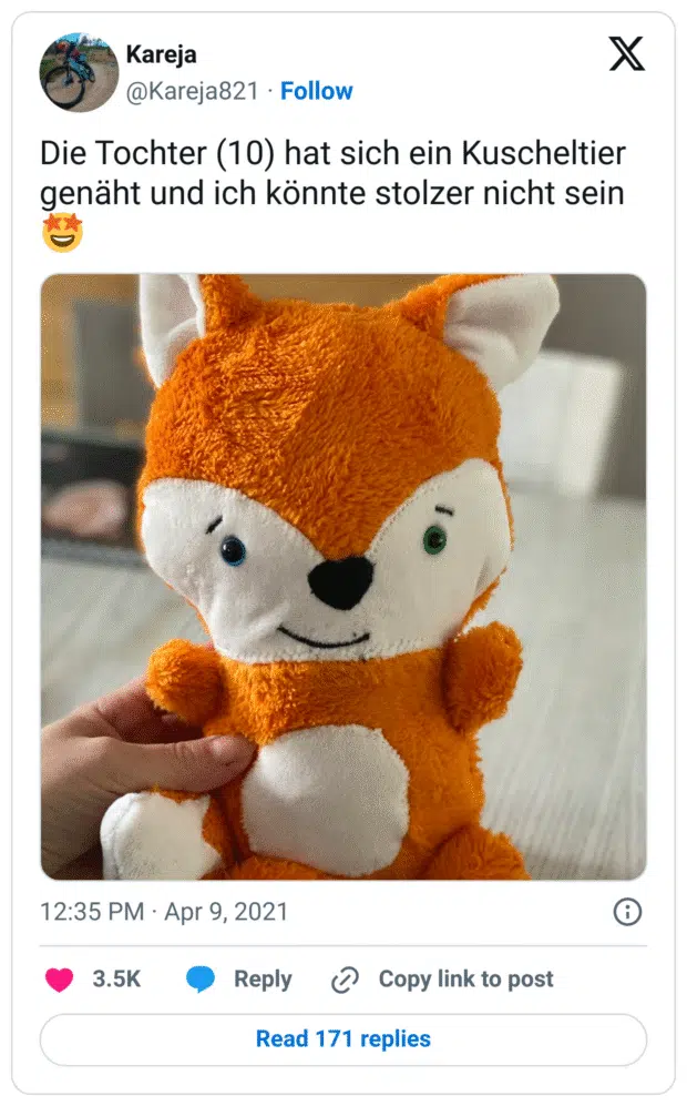 Die Tochter (10) hat sich ein Kuscheltier genäht und ich könnte stolzer nicht sein 🤩
