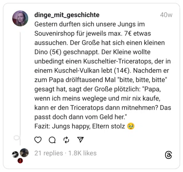Gestern durften sich unsere Jungs im Souvenirshop für jeweils max. 7€ etwas aussuchen. Der Große hat sich einen kleinen Dino (5€) geschnappt. Der Kleine wollte unbedingt einen Kuscheltier-Triceratops, der in einem Kuschel-Vulkan lebt (14€). Nachdem er zum Papa drölftausend Mal "bitte, bitte, bitte" gesagt hat, sagt der Große plötzlich: "Papa, wenn ich meins weglege und mir nix kaufe, kann er den Triceratops dann mitnehmen? Das passt doch dann vom Geld her."
Fazit: Jungs happy, Eltern stolz 🥹