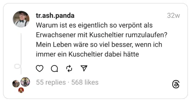Warum ist es eigentlich so verpönt als Erwachsener mit Kuscheltier rumzulaufen? Mein Leben wäre so viel besser, wenn ich immer ein Kuscheltier dabei hätte
