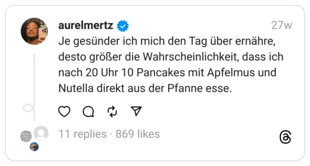 Je gesünder ich mich den Tag über ernähre, desto größer die Wahrscheinlichkeit, dass ich nach 20 Uhr 10 Pancakes mit Apfelmus und Nutella direkt aus der Pfanne esse.