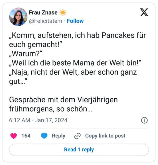 „Komm, aufstehen, ich hab Pancakes für euch gemacht!“
„Warum?“
„Weil ich die beste Mama der Welt bin!“
„Naja, nicht der Welt, aber schon ganz gut…“
Gespräche mit dem Vierjährigen frühmorgens, so schön…