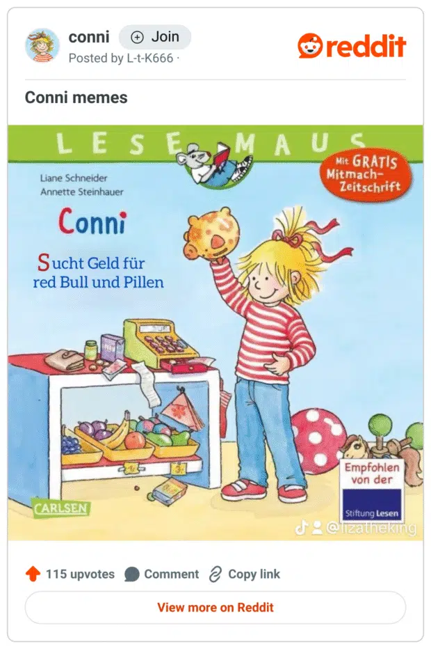 Conni memes LES Liane Schneider Annette Steinhauer Conni Sucht Geld für red Bull und Pillen