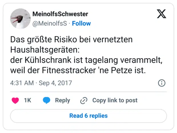 Das größte Risiko bei vernetzten Haushaltsgeräten:
der Kühlschrank ist tagelang verammelt, weil der Fitnesstracker 'ne Petze ist.