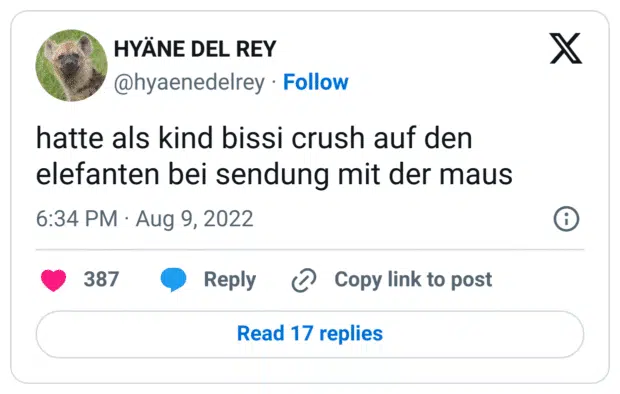 hatte als kind bissi crush auf den elefanten bei sendung mit der maus
