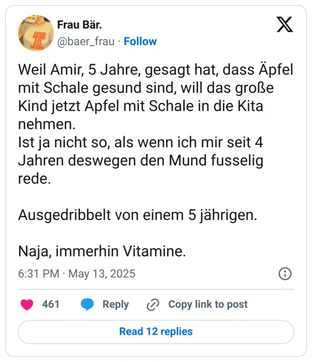Weil Amir, 5 Jahre, gesagt hat, dass Äpfel mit Schale gesund sind, will das große Kind jetzt Apfel mit Schale in die Kita nehmen.
Ist ja nicht so, als wenn ich mir seit 4 Jahren deswegen den Mund fusselig rede.
Ausgedribbelt von einem 5 jährigen.
Naja, immerhin Vitamine.